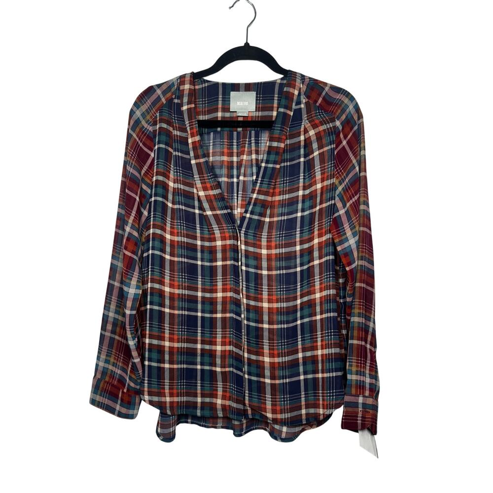Maeve by Anthropologie Sheer Plaid Top Blue Red Button V-Neck Long Sleeve Sz M